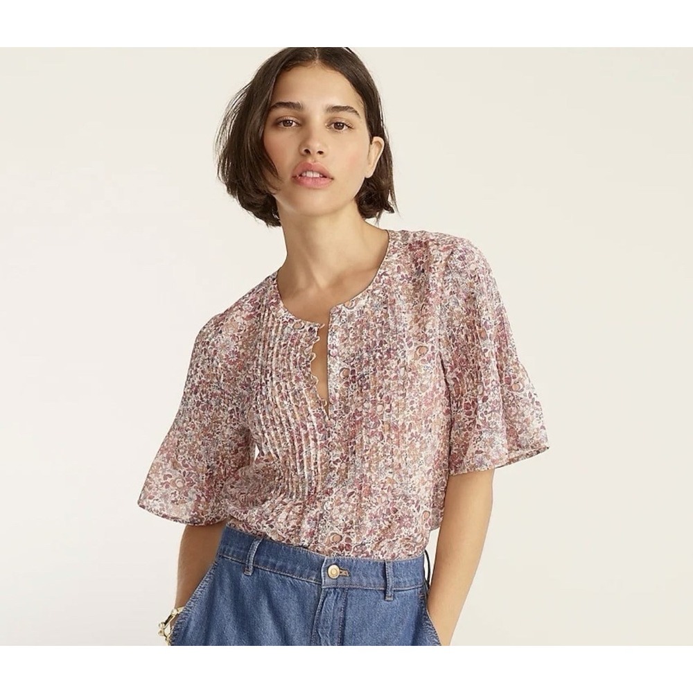 J.CREW M Cotton Silk Voile Pintuck Blouse Blooming Floral Button Front Boho Top